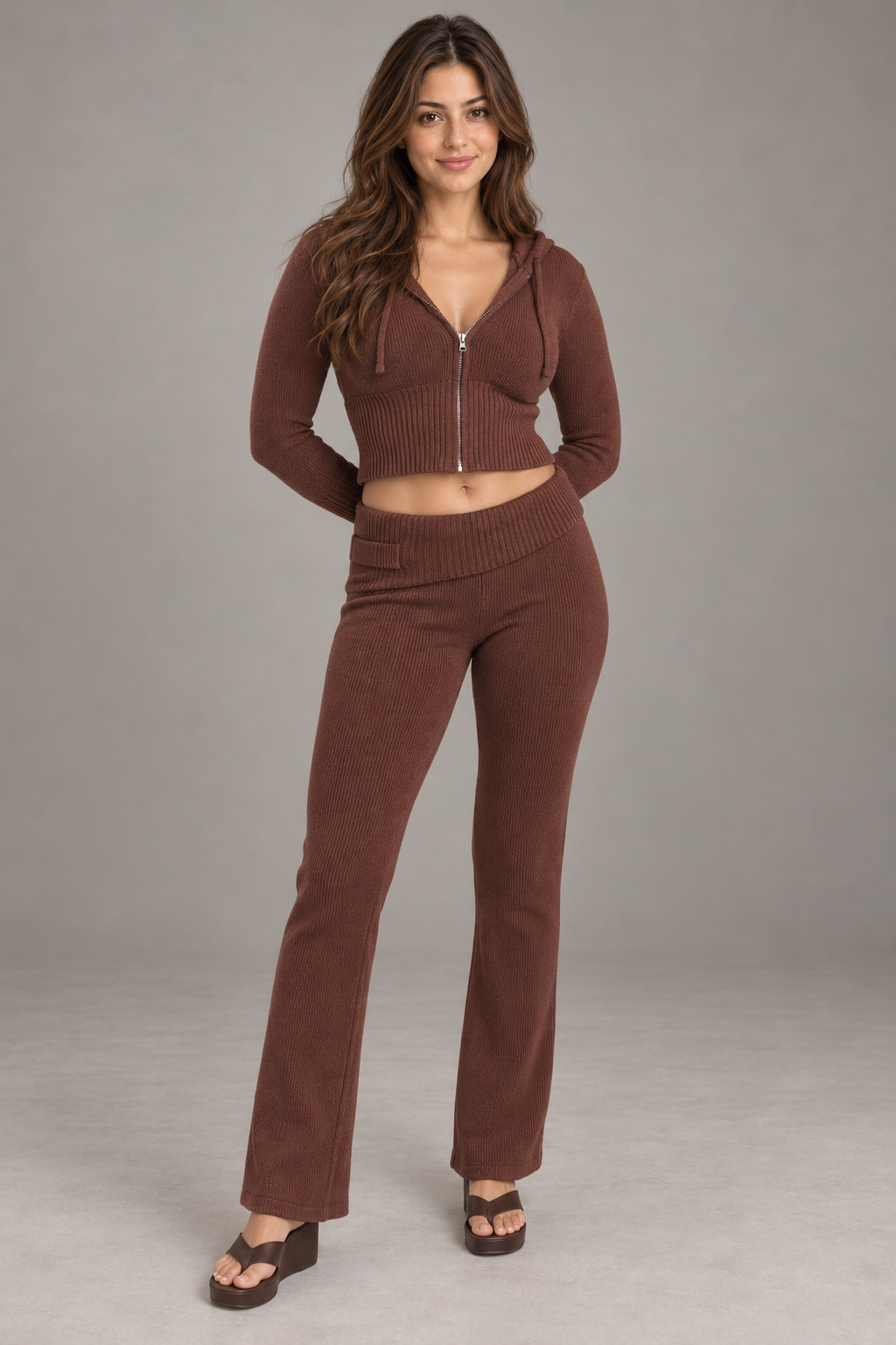 Bloodnew – Ensemble sweat zippé à capuche et pantalon taille haute – Sport & détente – Marron – full