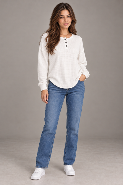 Bloodnew – T-shirt gaufré à manches longues et boutons – Col rond, couleur unie – Blanc – full