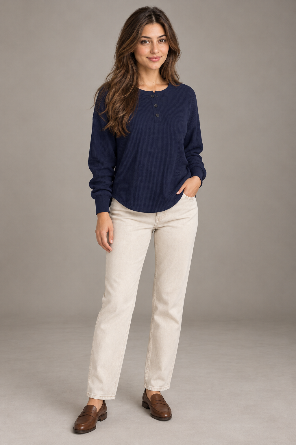 Bloodnew – T-shirt gaufré à manches longues et boutons – Col rond, couleur unie – Bleu foncé – full