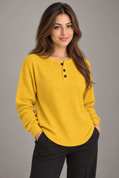 Bloodnew – T-shirt gaufré à manches longues et boutons – Col rond, couleur unie – Jaune – close