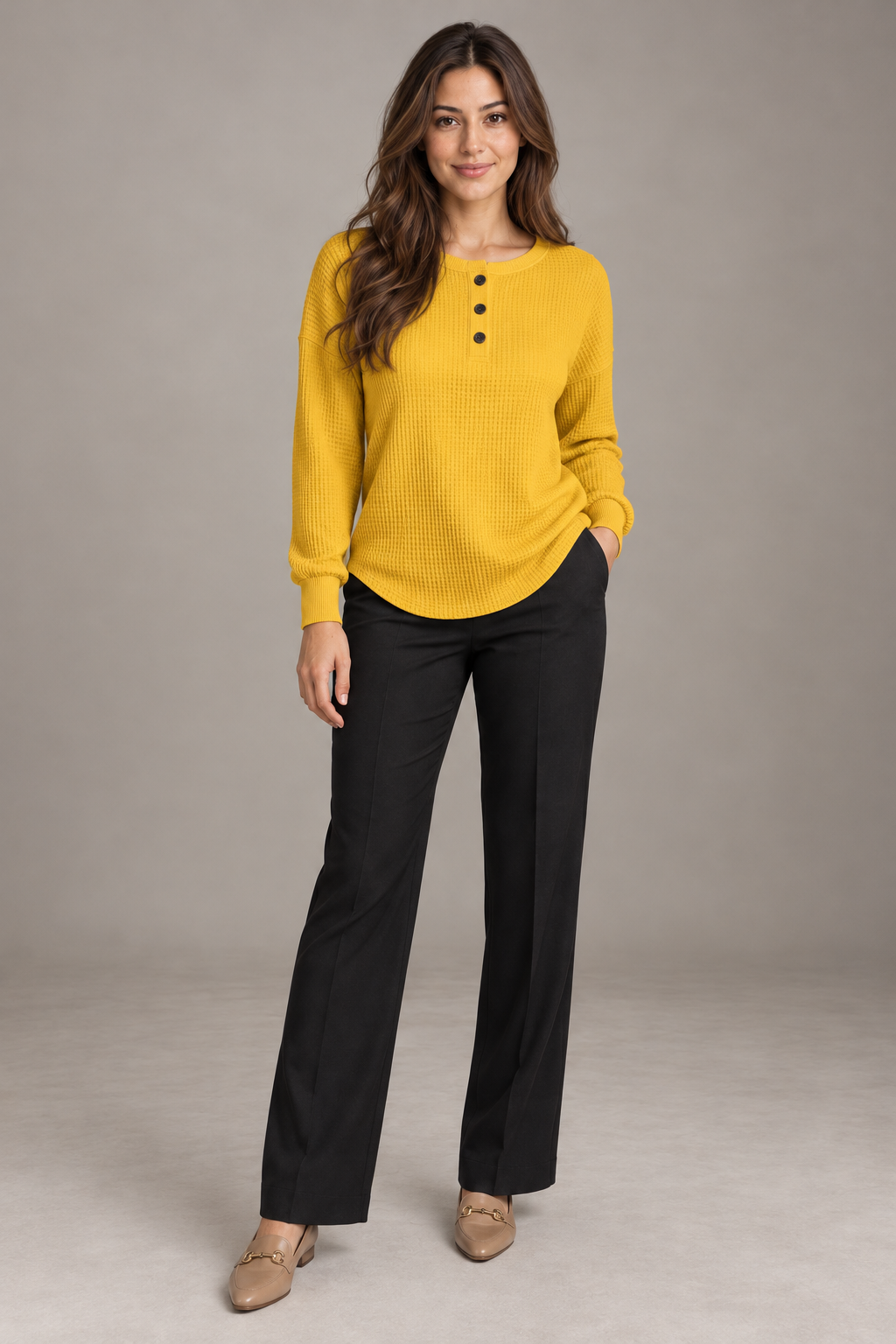 Bloodnew – T-shirt gaufré à manches longues et boutons – Col rond, couleur unie – Jaune – full