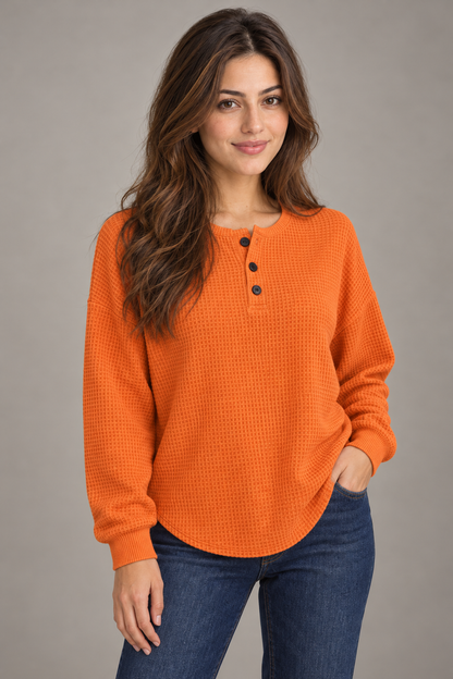 Bloodnew – T-shirt gaufré à manches longues et boutons – Col rond, couleur unie – Orange – close
