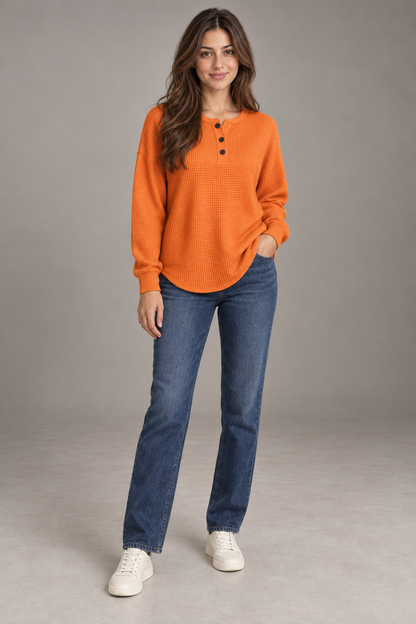 Bloodnew – T-shirt gaufré à manches longues et boutons – Col rond, couleur unie – Orange – full