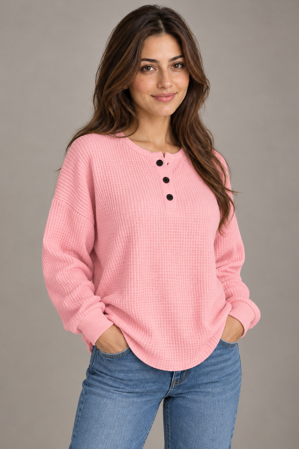 Bloodnew – T-shirt gaufré à manches longues et boutons – Col rond, couleur unie – Rose – close