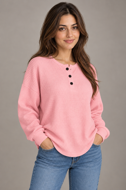 Bloodnew – T-shirt gaufré à manches longues et boutons – Col rond, couleur unie – Rose – close