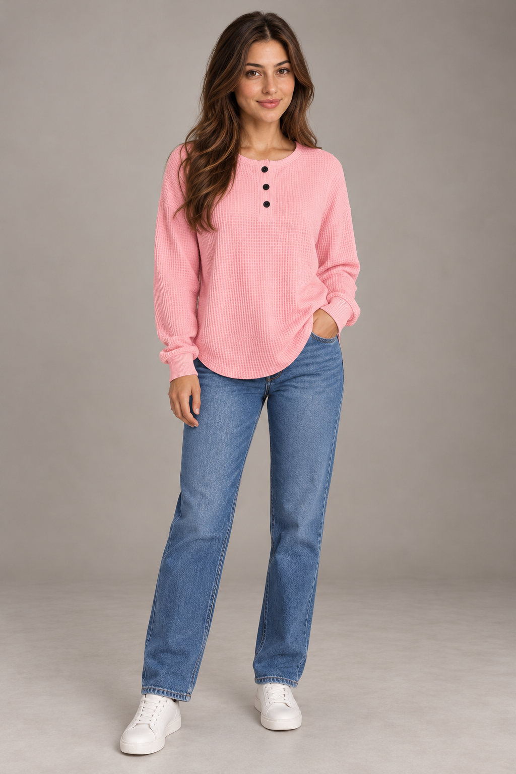 Bloodnew – T-shirt gaufré à manches longues et boutons – Col rond, couleur unie – Rose – full