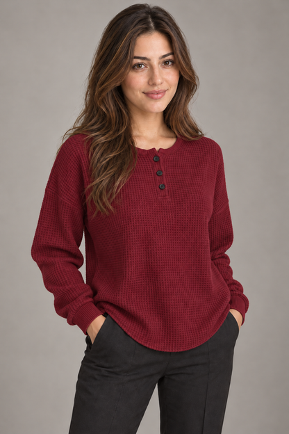 Bloodnew – T-shirt gaufré à manches longues et boutons – Col rond, couleur unie – Rouge – close