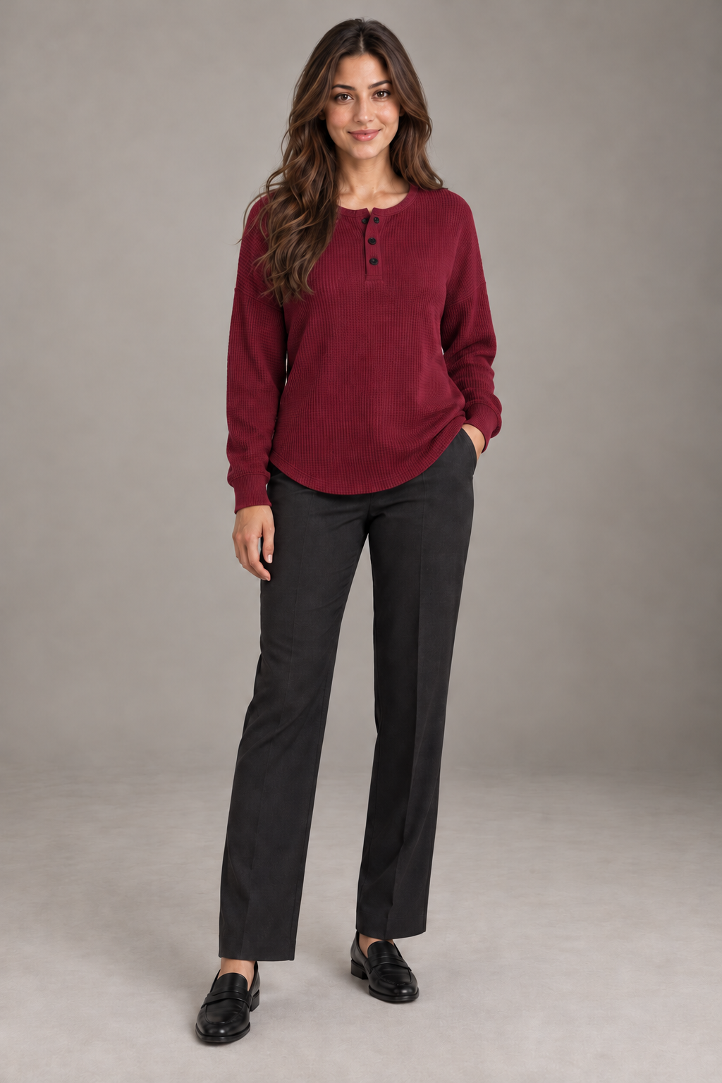 Bloodnew – T-shirt gaufré à manches longues et boutons – Col rond, couleur unie – Rouge – full