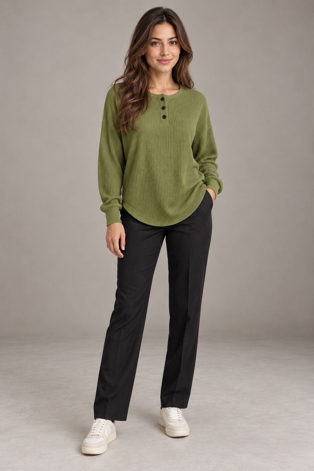 Bloodnew – T-shirt gaufré à manches longues et boutons – Col rond, couleur unie – Vert militaire – full