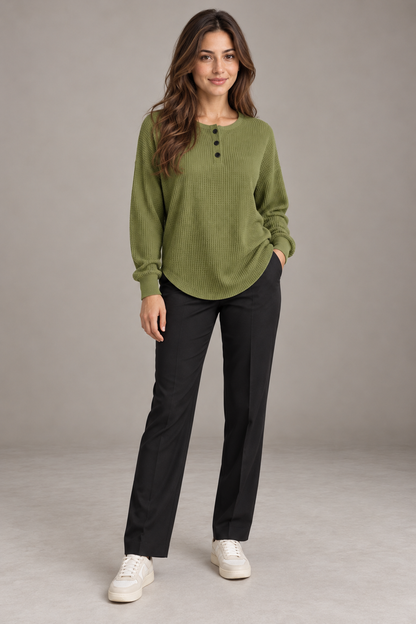 Bloodnew – T-shirt gaufré à manches longues et boutons – Col rond, couleur unie – Vert militaire – full