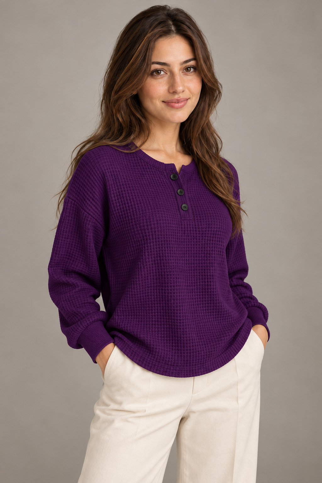 Bloodnew – T-shirt gaufré à manches longues et boutons – Col rond, couleur unie – Violet – close