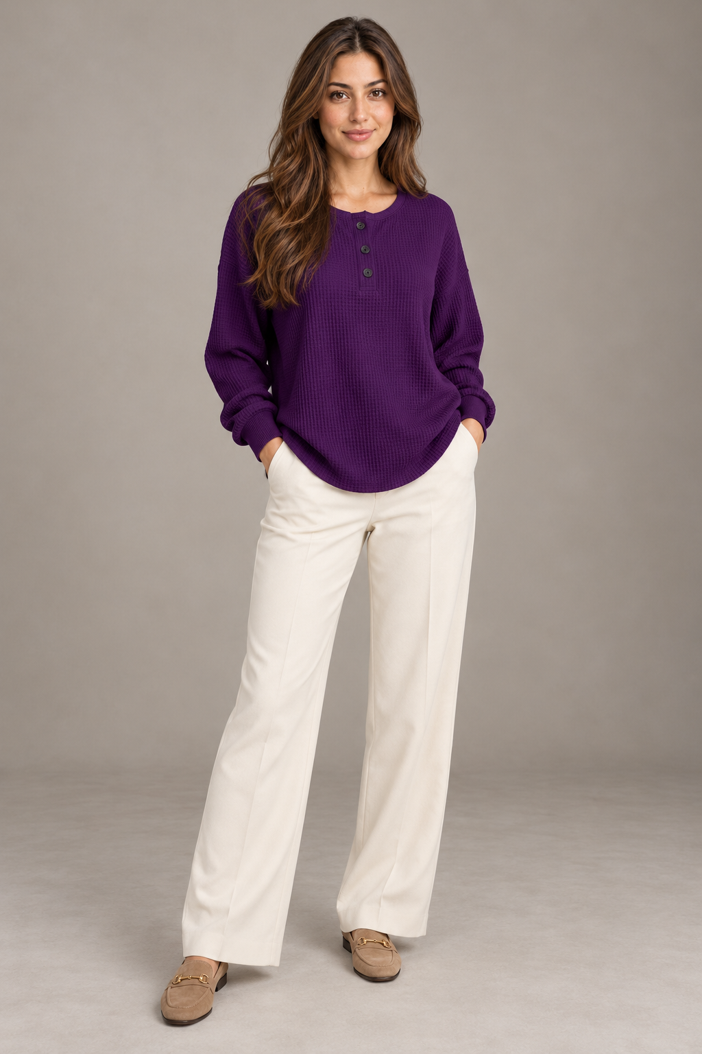 Bloodnew – T-shirt gaufré à manches longues et boutons – Col rond, couleur unie – Violet – full