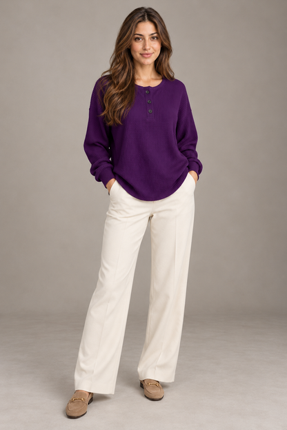 Bloodnew – T-shirt gaufré à manches longues et boutons – Col rond, couleur unie – Violet – full