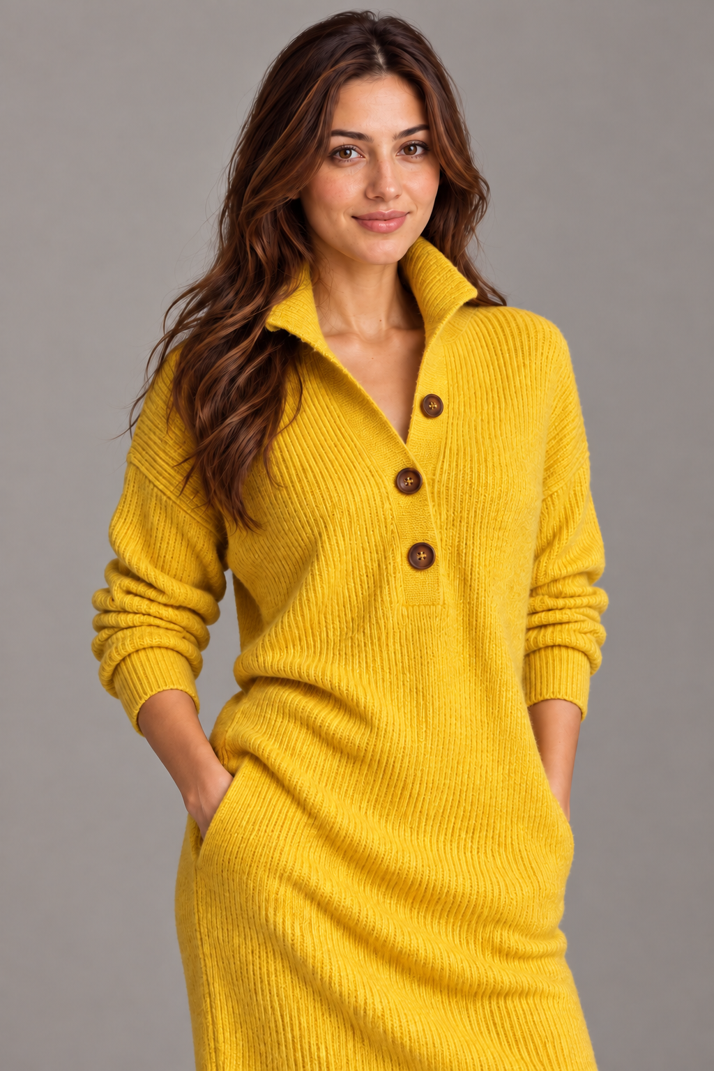 Bloodnew – Robe pull en maille col montant boutonné – Manches longues, chaude et élégante – Jaune – close