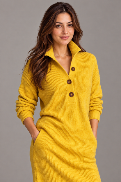 Bloodnew – Robe pull en maille col montant boutonné – Manches longues, chaude et élégante – Jaune – close