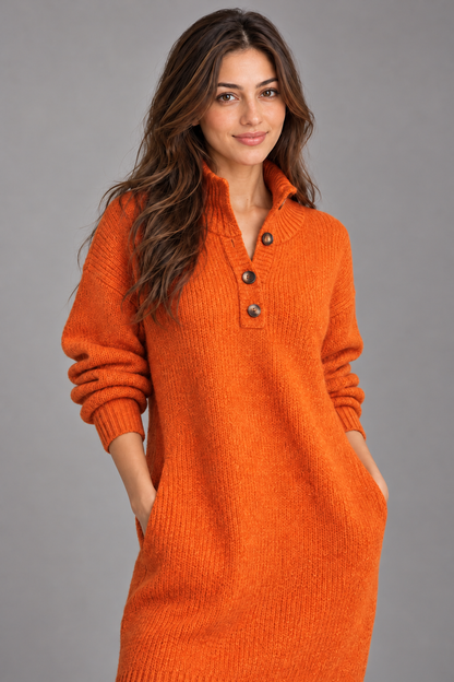 Bloodnew – Robe pull en maille col montant boutonné – Manches longues, chaude et élégante – Orange – close