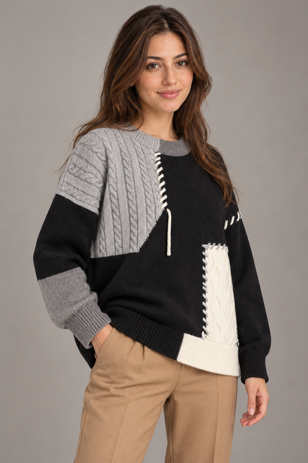 Bloodnew – Pull color block en maille – Col rond, manches longues – Gris – close