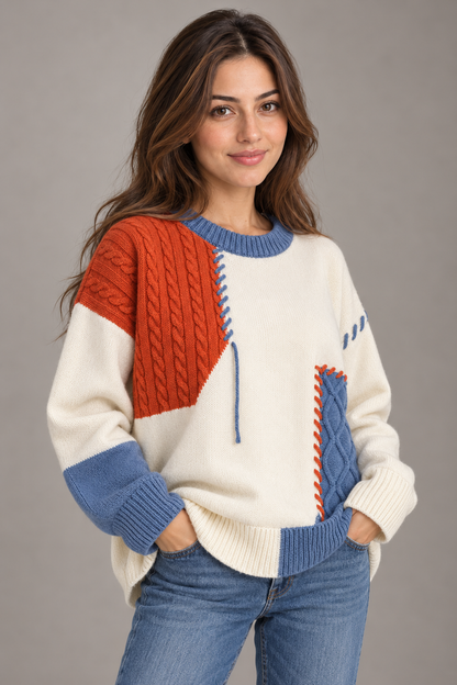 Bloodnew – Pull color block en maille – Col rond, manches longues – Orange – close