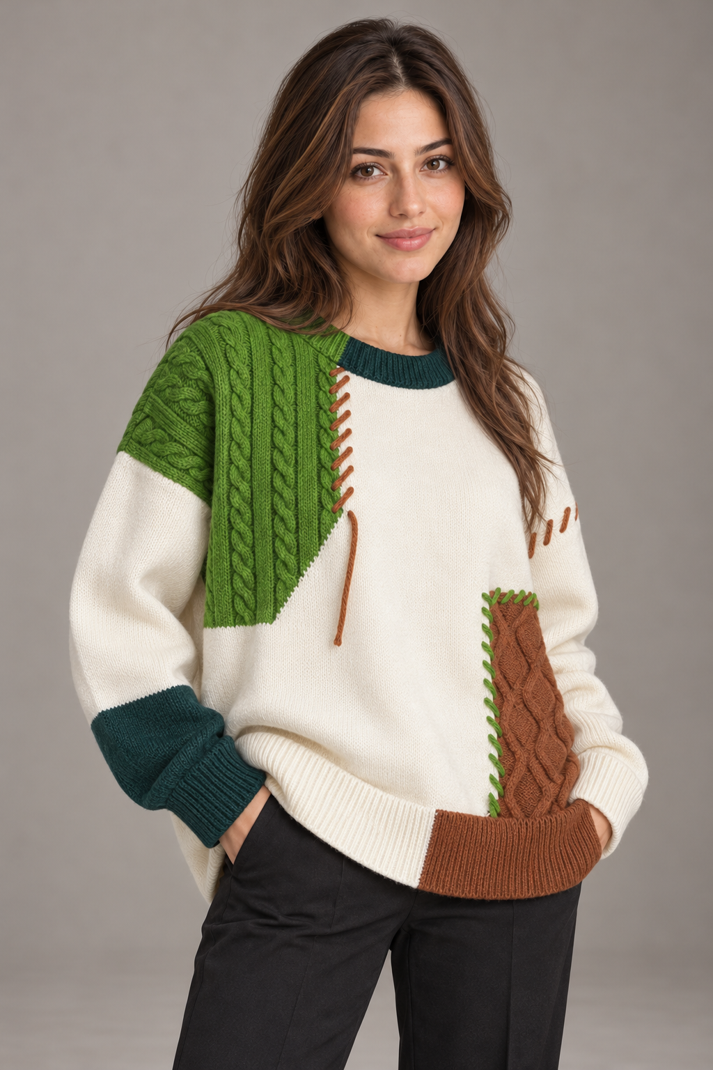 Bloodnew – Pull color block en maille – Col rond, manches longues – Vert – close