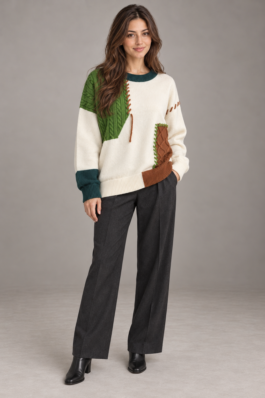 Bloodnew – Pull color block en maille – Col rond, manches longues – Vert – full