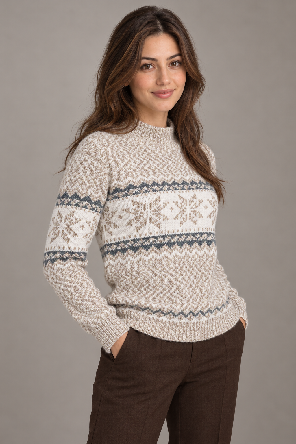 Bloodnew – Pull de Noël flocons de neige à col cheminette – Maille chaude – Abricot – close