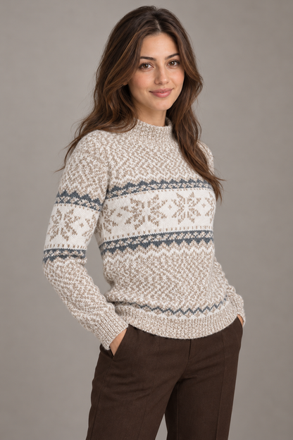 Bloodnew – Pull de Noël flocons de neige à col cheminette – Maille chaude – Abricot – close