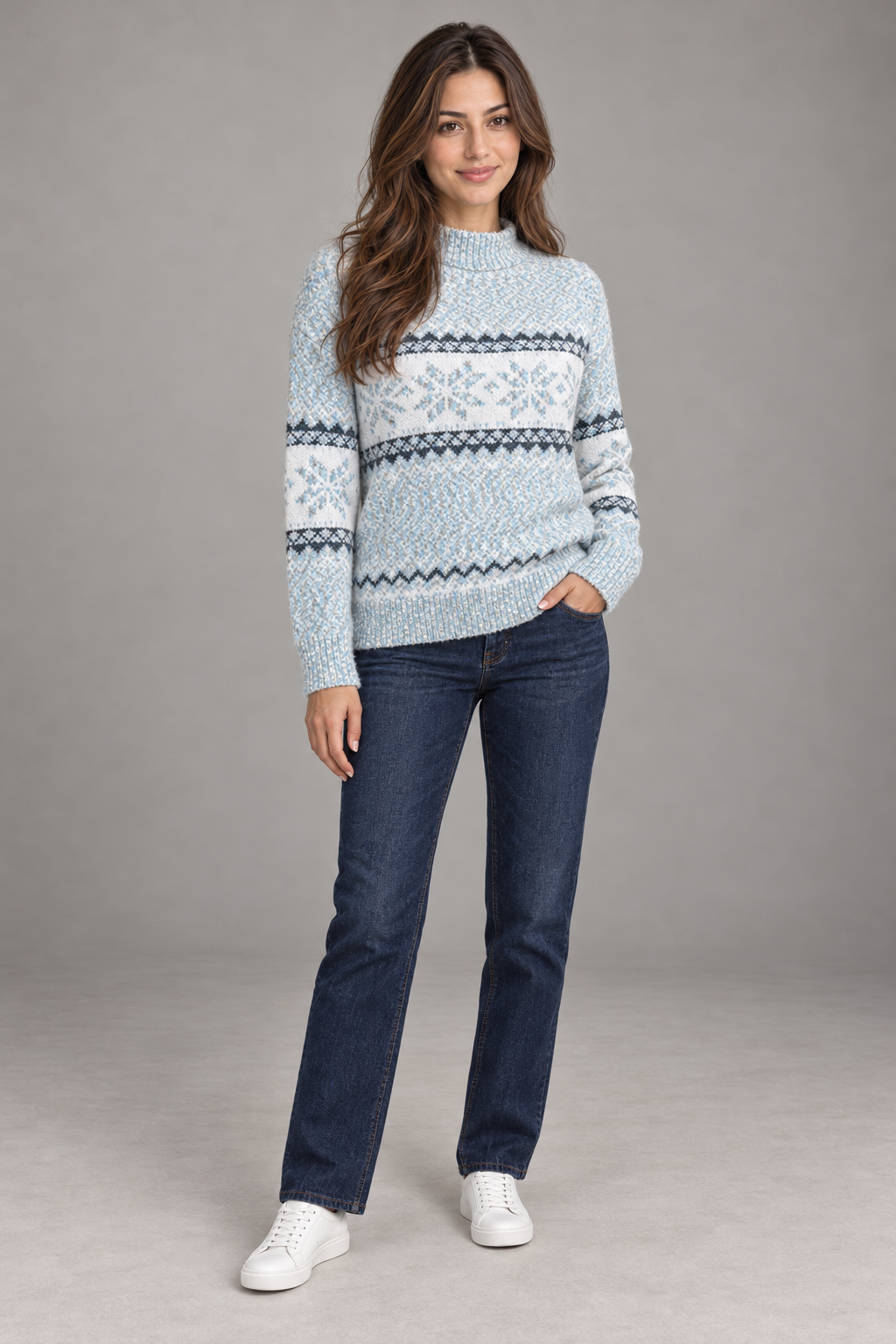 Bloodnew – Pull de Noël flocons de neige à col cheminette – Maille chaude – Bleu – full
