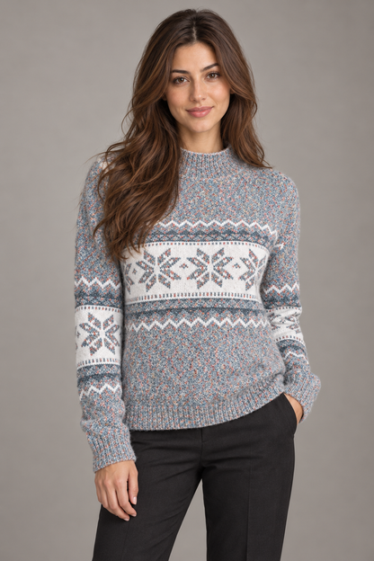 Bloodnew – Pull de Noël flocons de neige à col cheminette – Maille chaude – Gris – close