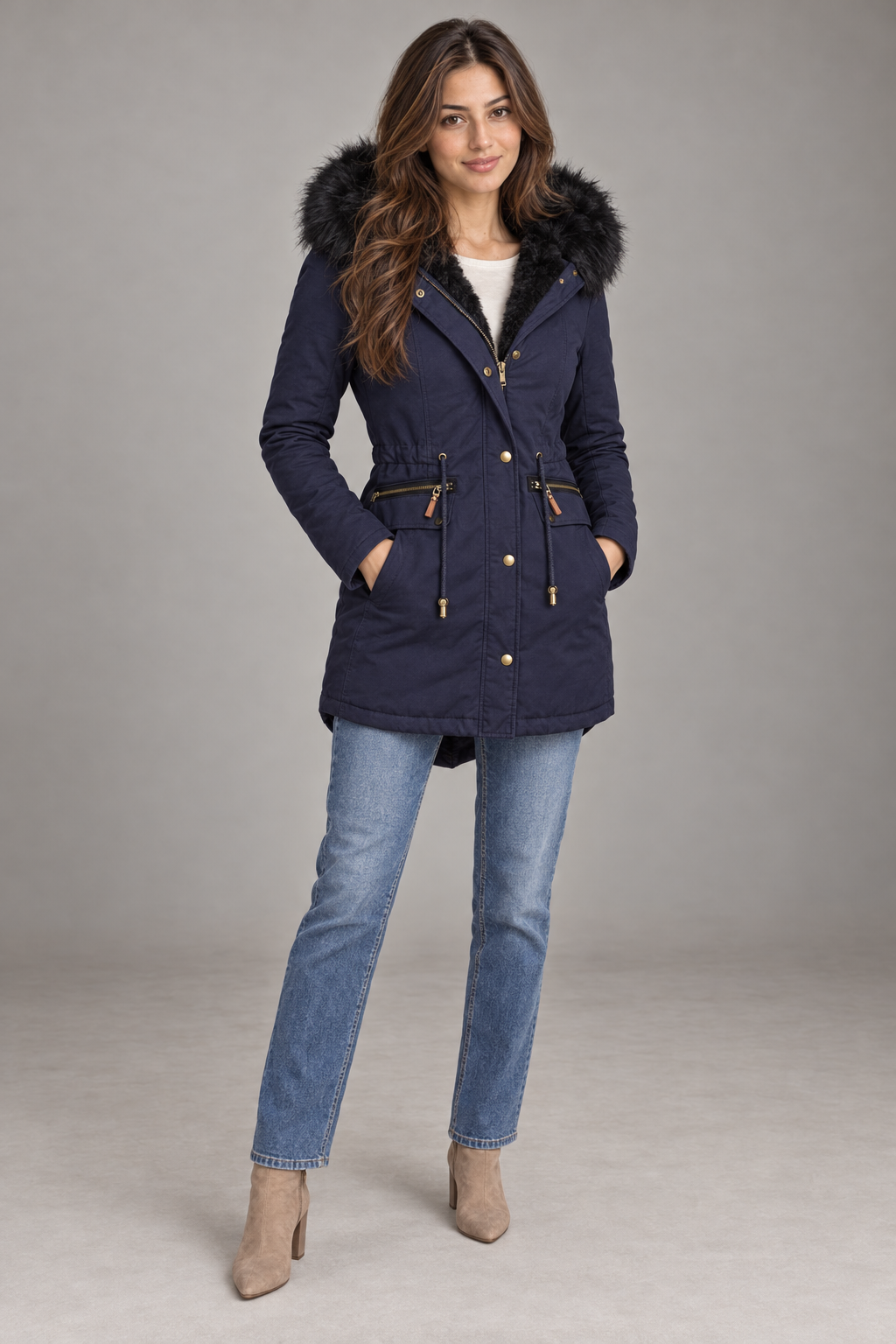 Bloodnew – Parka mi-longue doublée peluche à capuche – Zippée, chaude et épaisse – Bleu – full