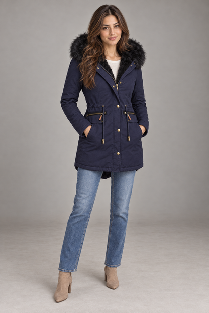 Bloodnew – Parka mi-longue doublée peluche à capuche – Zippée, chaude et épaisse – Bleu – full