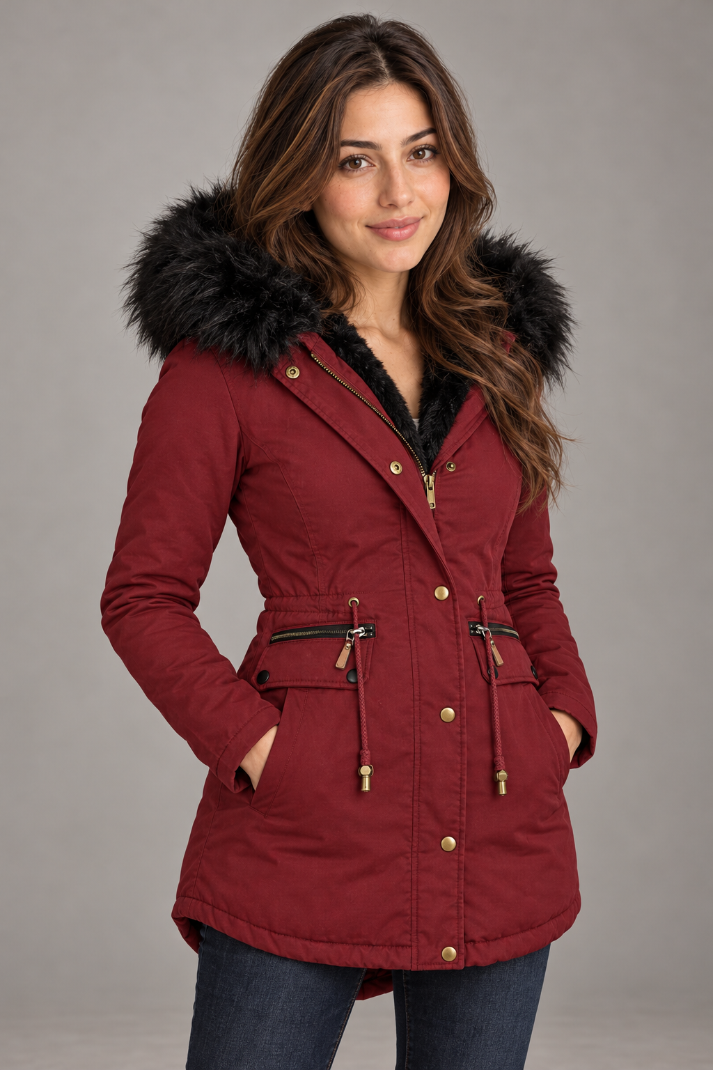 Bloodnew – Parka mi-longue doublée peluche à capuche – Zippée, chaude et épaisse – Bordeaux – close
