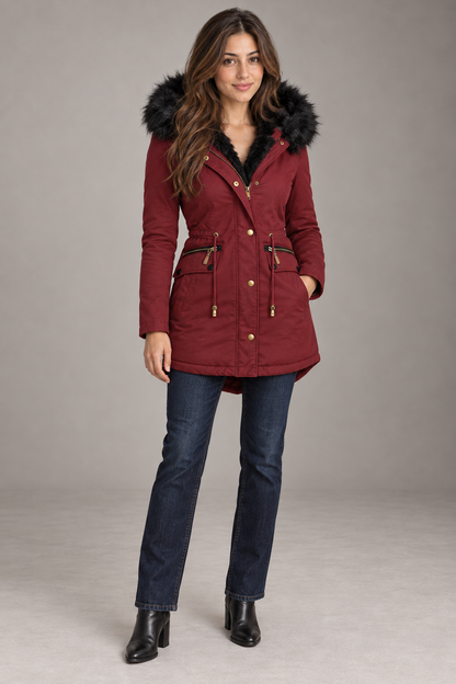 Bloodnew – Parka mi-longue doublée peluche à capuche – Zippée, chaude et épaisse – Bordeaux – full