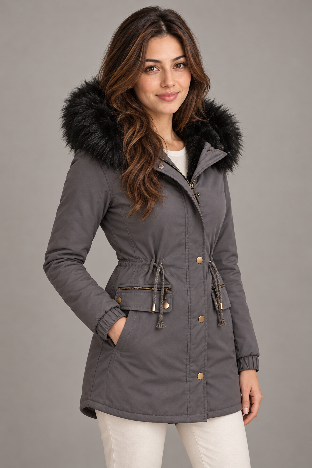 Bloodnew – Parka mi-longue doublée peluche à capuche – Zippée, chaude et épaisse – Gris clair – close