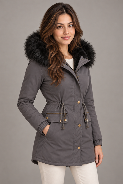 Bloodnew – Parka mi-longue doublée peluche à capuche – Zippée, chaude et épaisse – Gris clair – close