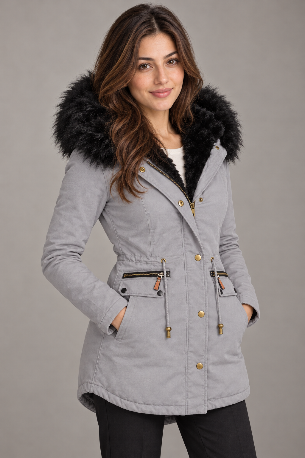 Bloodnew – Parka mi-longue doublée peluche à capuche – Zippée, chaude et épaisse – Gris – close
