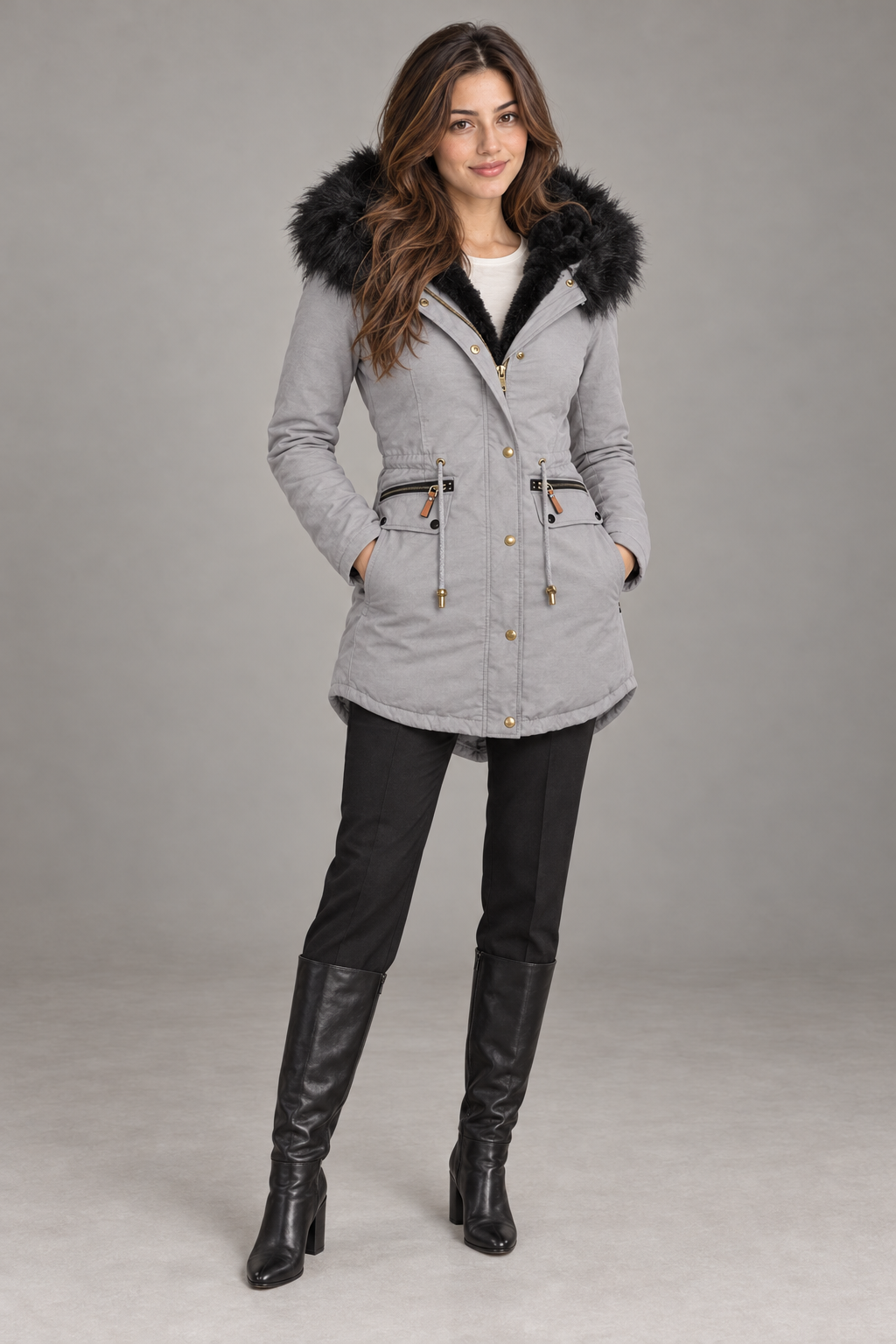 Bloodnew – Parka mi-longue doublée peluche à capuche – Zippée, chaude et épaisse – Gris – full