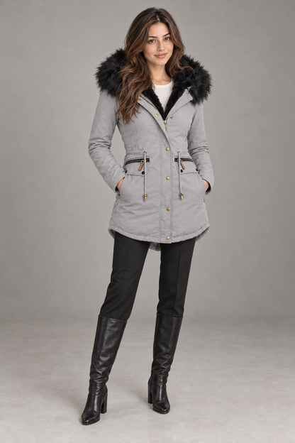 Bloodnew – Parka mi-longue doublée peluche à capuche – Zippée, chaude et épaisse – Gris – full