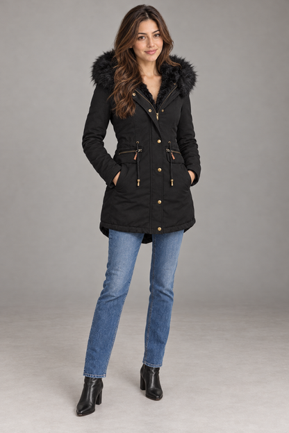 Bloodnew – Parka mi-longue doublée peluche à capuche – Zippée, chaude et épaisse – Noir – full