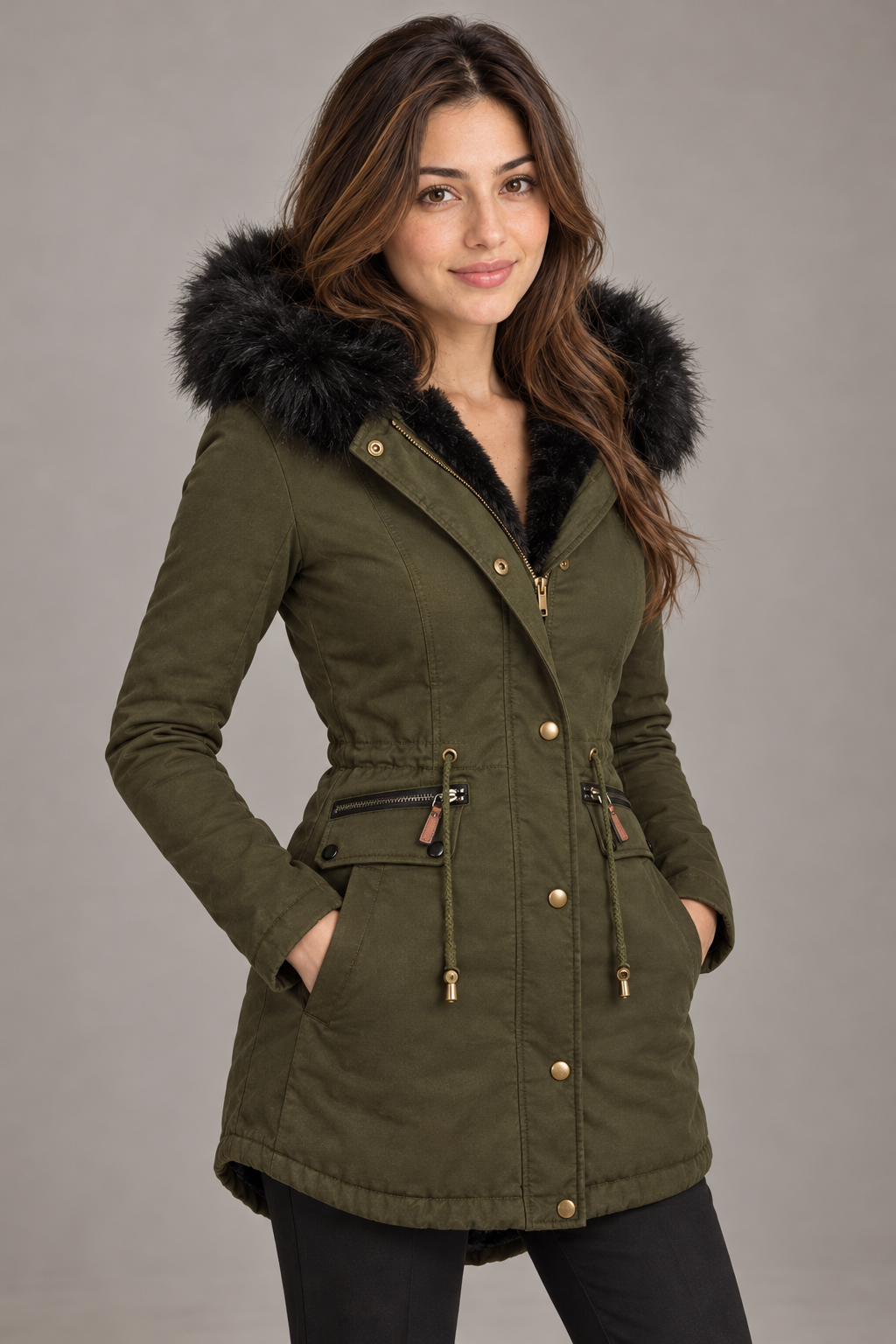 Bloodnew – Parka mi-longue doublée peluche à capuche – Zippée, chaude et épaisse – Vert – close