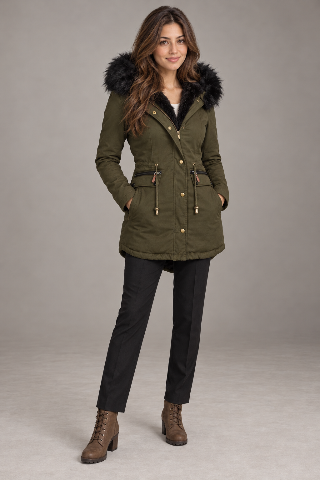 Bloodnew – Parka mi-longue doublée peluche à capuche – Zippée, chaude et épaisse – Vert – full