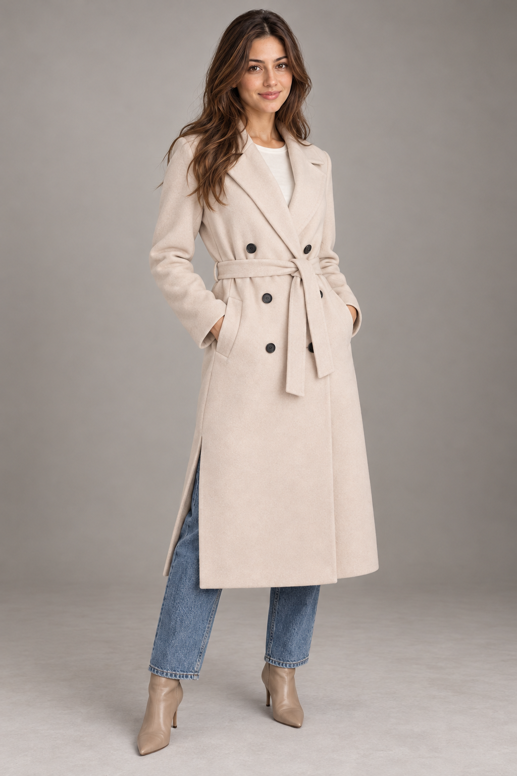 Bloodnew – Manteau croisé à col revers avec ceinture – Fente, élégant et chaud – Abricot – full