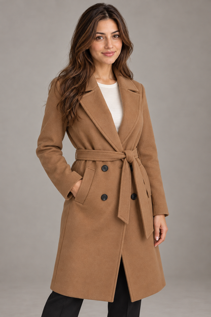 Bloodnew – Manteau croisé à col revers avec ceinture – Fente, élégant et chaud – Kaki – close