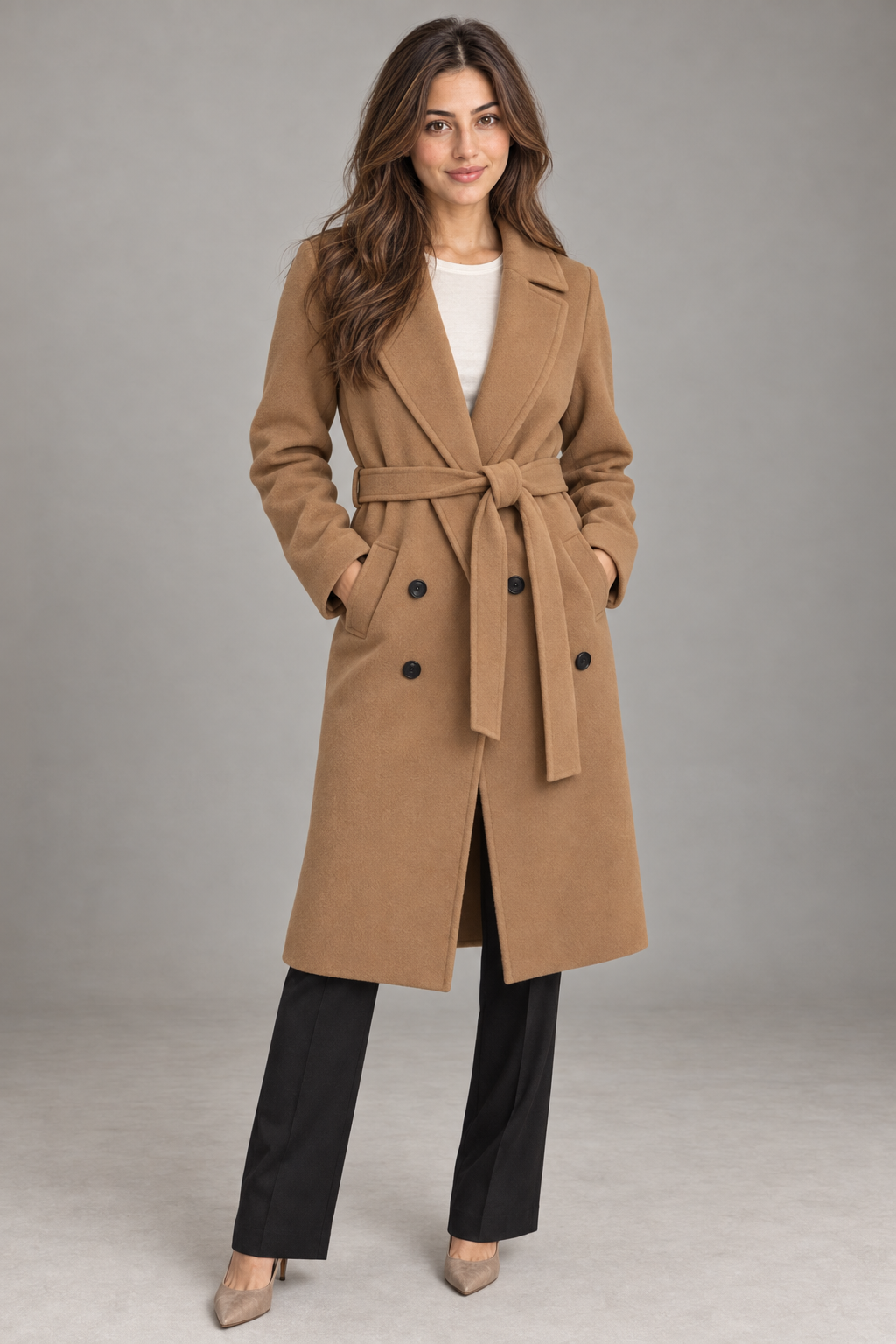 Bloodnew – Manteau croisé à col revers avec ceinture – Fente, élégant et chaud – Kaki – full