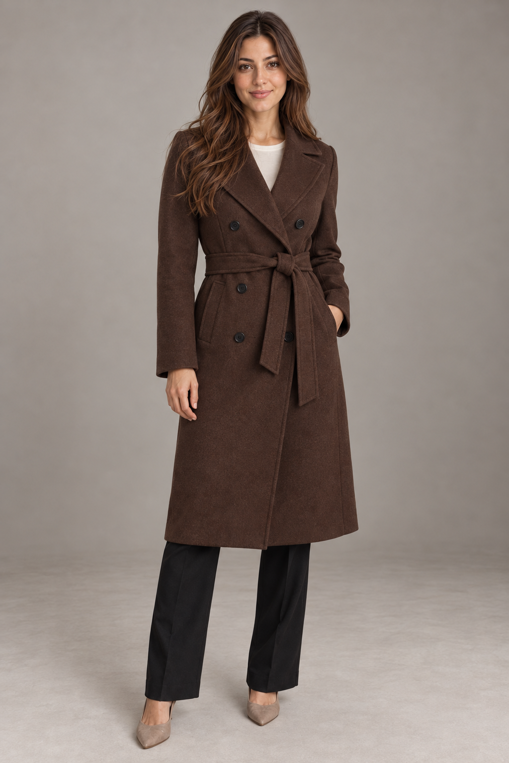 Bloodnew – Manteau croisé à col revers avec ceinture – Fente, élégant et chaud – Marron – full