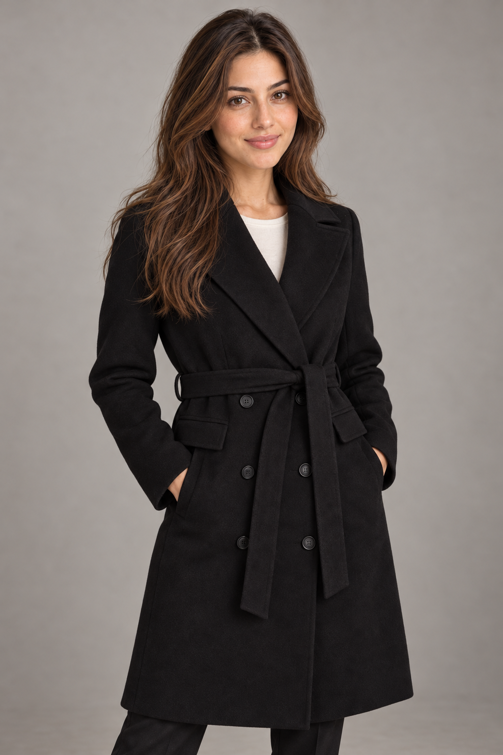 Bloodnew – Manteau croisé à col revers avec ceinture – Fente, élégant et chaud – Noir – close