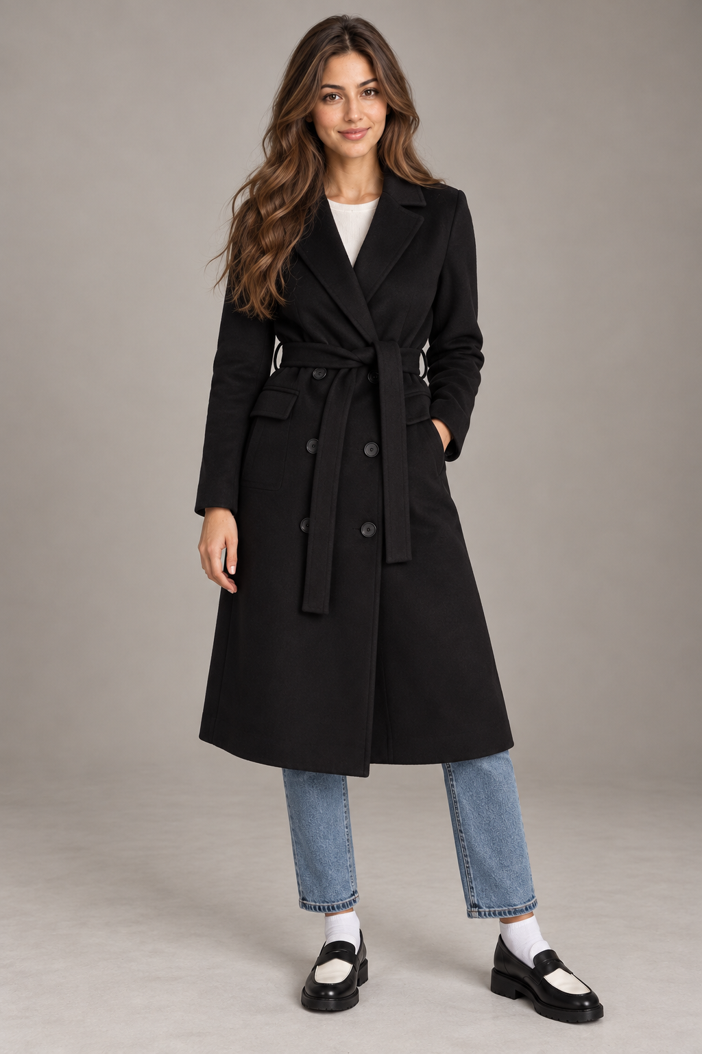 Bloodnew – Manteau croisé à col revers avec ceinture – Fente, élégant et chaud – Noir – full