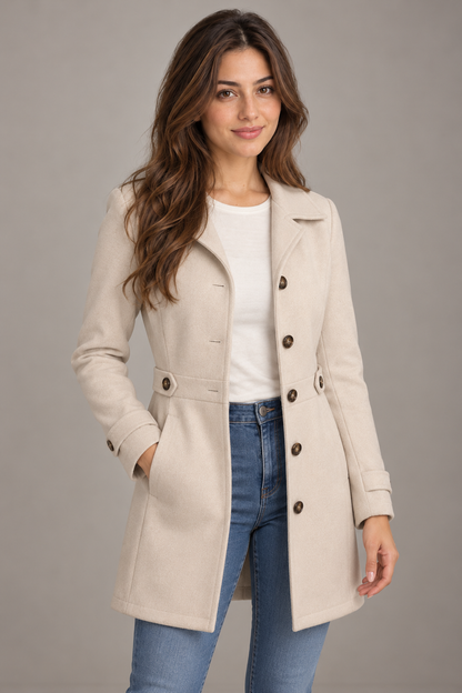 Bloodnew – Manteau en laine mi-long à col revers – Boutonnage simple, élégant – Abricot – close