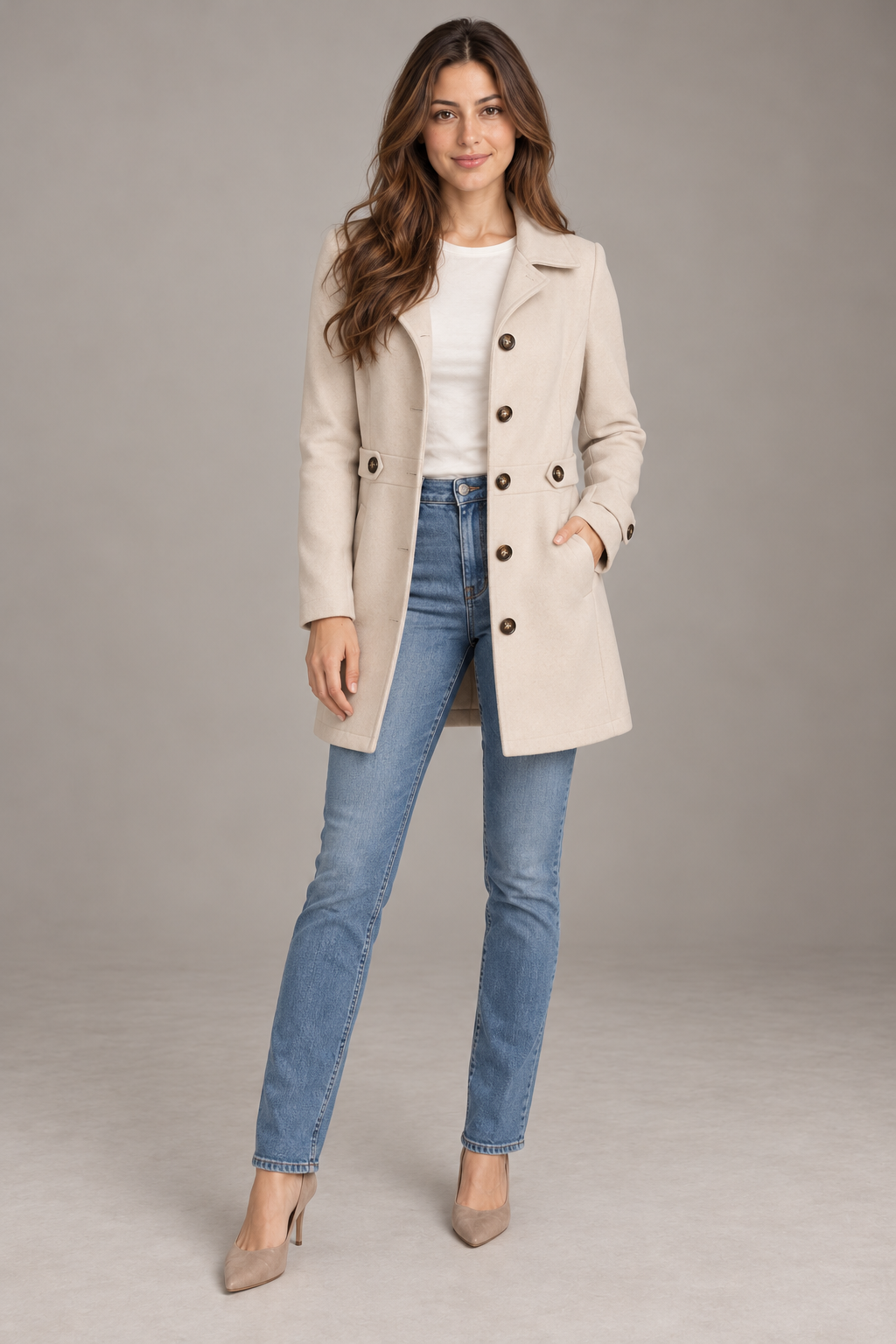 Bloodnew – Manteau en laine mi-long à col revers – Boutonnage simple, élégant – Abricot – full
