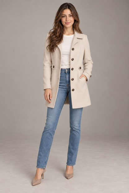 Bloodnew – Manteau en laine mi-long à col revers – Boutonnage simple, élégant – Abricot – full