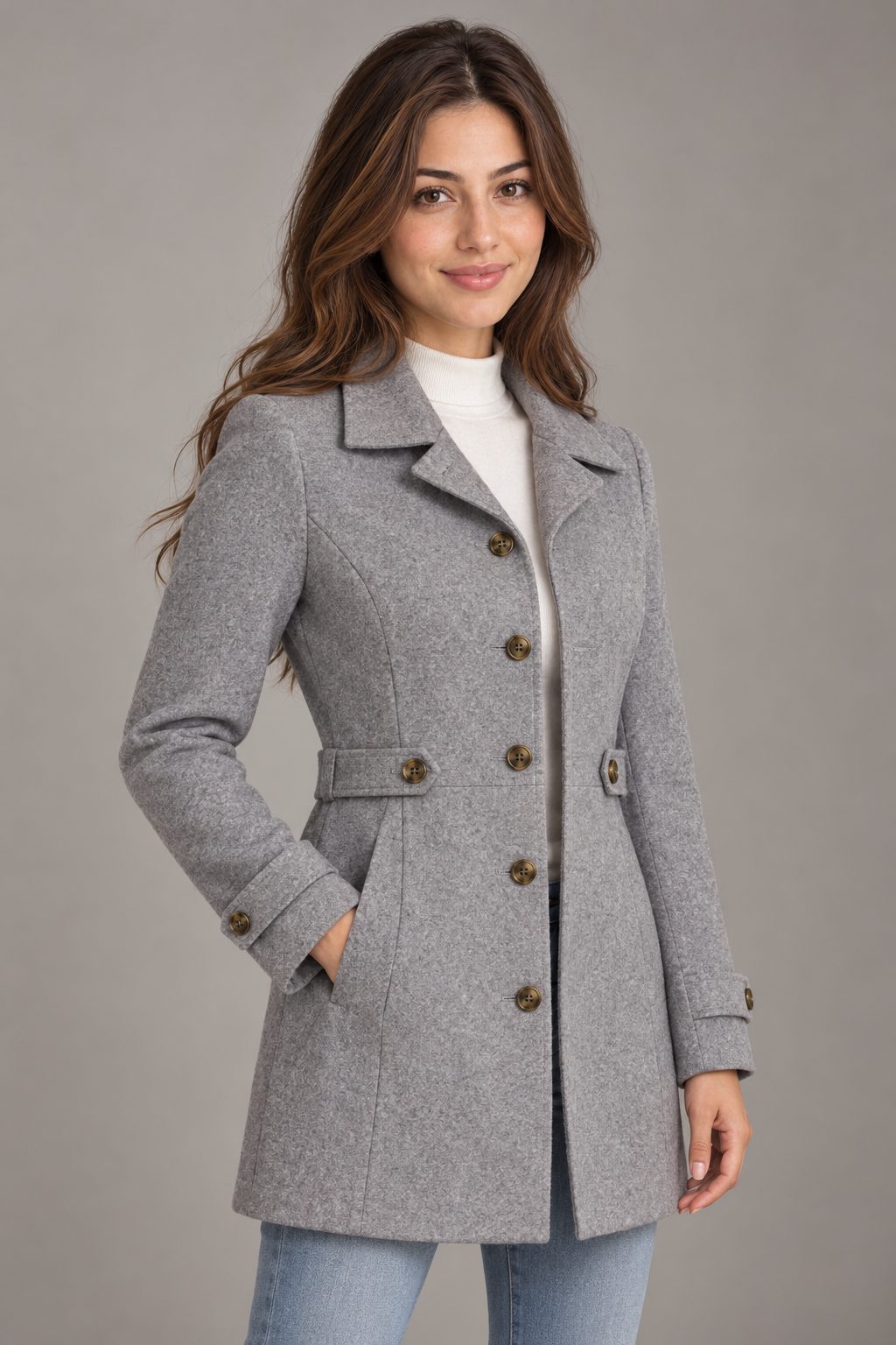 Bloodnew – Manteau en laine mi-long à col revers – Boutonnage simple, élégant – Gris – close